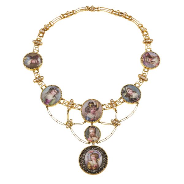 Enamel, pearl, diamond, gold and low-karat gold necklace. Damage