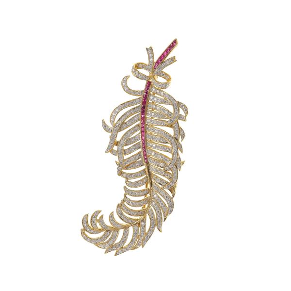 Diamond, ruby and gold "feather" brooch