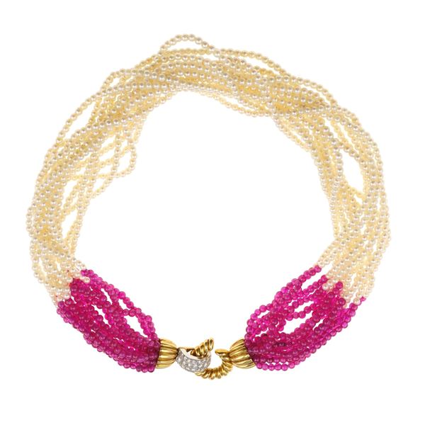 Pearl, ruby, gold and diamond necklace