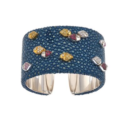 Bracciale Rigido con Piccoli "pesci", Piccoli Diamanti e Rubini