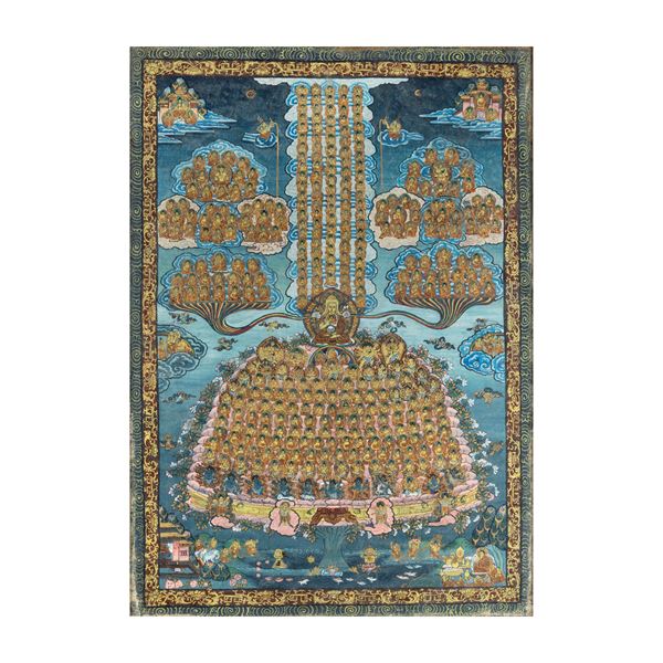 Painted and framed thangka on canvas depicting deities and a central lama figure, Tibet, 19th century