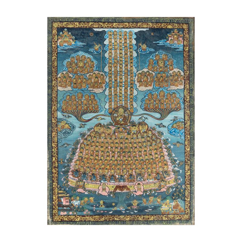 Painted and framed thangka on canvas depicting deities and a central lama figure, Tibet, 19th century  - Auction Fine Asian Works of Art - Cambi Casa d'Aste