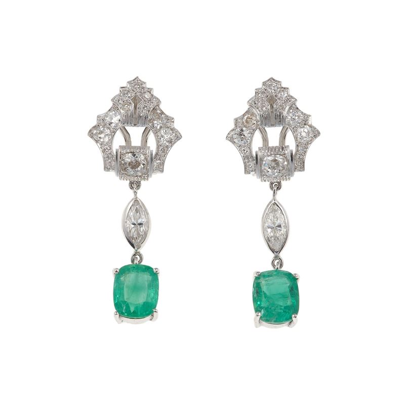 Pair of emerald, diamond and gold earrings  - Auction Fine Jewellery - Cambi Casa d'Aste