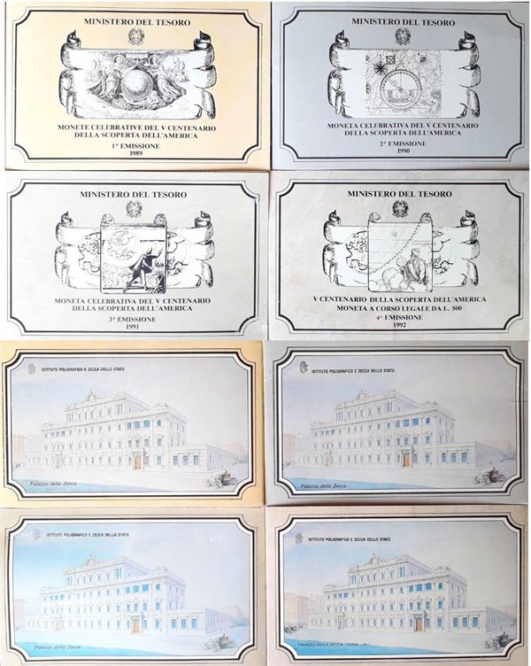 Italia 1989-1992: 5 monete d’argento FdC commemorative della serie dedicata al V Centenario della scoperta dell’America - Cristoforo Colombo, alloggiate in 4 folder ufficiali. 