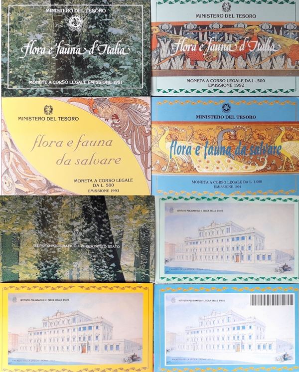 Italia 1989-1992: 5 monete d’argento FdC commemorative della serie dedicata alla Flora e Fauna, in 4 folder ufficiali. 