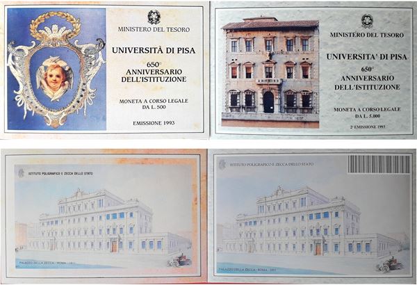Italia 1993: 2 monete d’argento FdC commemorative della serie dedicata al 650° Anniversario dell’Istituzione dell’Università di Pisa, alloggiate in altrettanti folder ufficiali. 