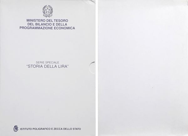 Italia 1999-2001: raccolta parziale della Serie Speciale “Storia della Lira” composta da 4 monete Fondo Specchio celebrative, alloggiate nel cofanetto originale. 