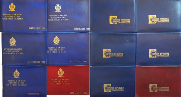 San Marino 1987-1992: lotto di 6 divisionali in Lire FdC ufficiali, contenenti altrettante monete d’argento. 