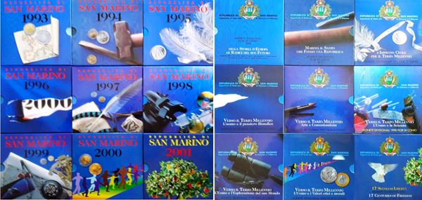 San Marino 1993-2001: lotto di 9 divisionali Lire FdC ufficiali contenenti altrettante monete d’argento. 