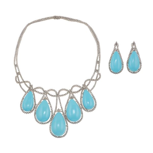 Diamond, turquoise paste and gold demi-parure