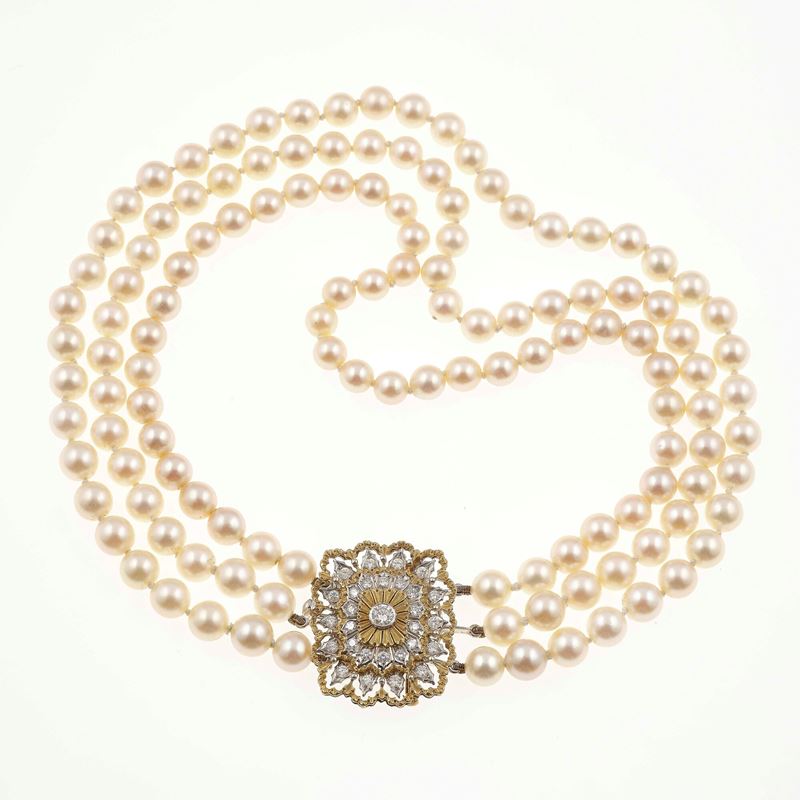 Cultured pearl and gold necklace. Clasp can be worn as a brooch  - Auction Fine Jewellery - Cambi Casa d'Aste