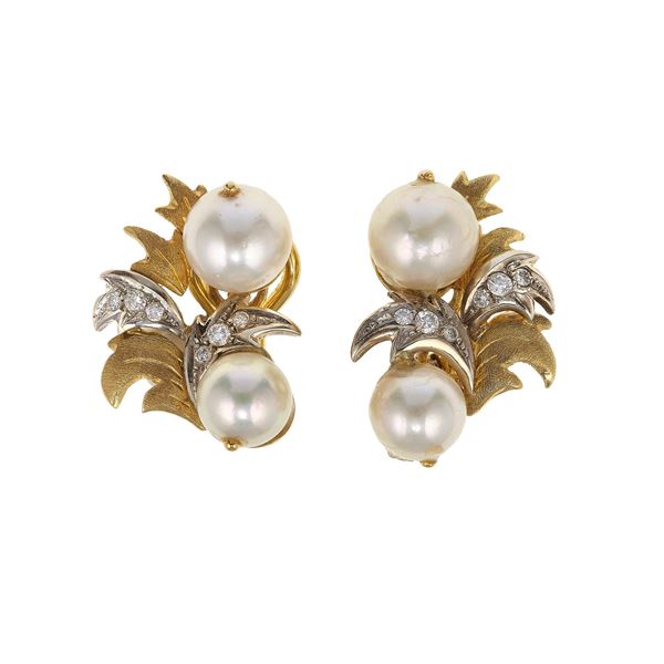 Pair of cultured pearl, diamond and gold earrings