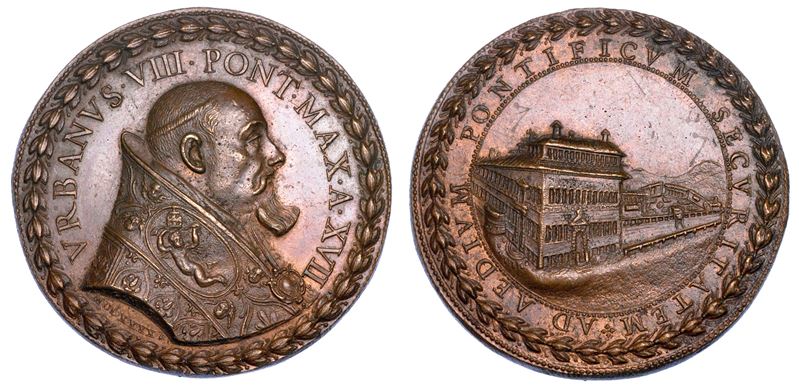 STATO PONTIFICIO. URBANO VIII (Maffeo Barberini), 1623-1644. Medaglia annuale in bronzo 1640/A. XVII. Opere di abbellimento, fortificazione e ampliamento del Palazzo del Quirinale e dei suoi giardini.  - Auction Numismatics - Medals and popes - II - Cambi Casa d'Aste