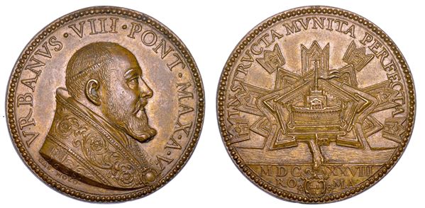 STATO PONTIFICIO. URBANO VIII (Maffeo Barberini), 1623-1644. Medaglia annuale in bronzo 1628/A. V. Le nuove Fortificazioni di Castel Sant'Angelo.