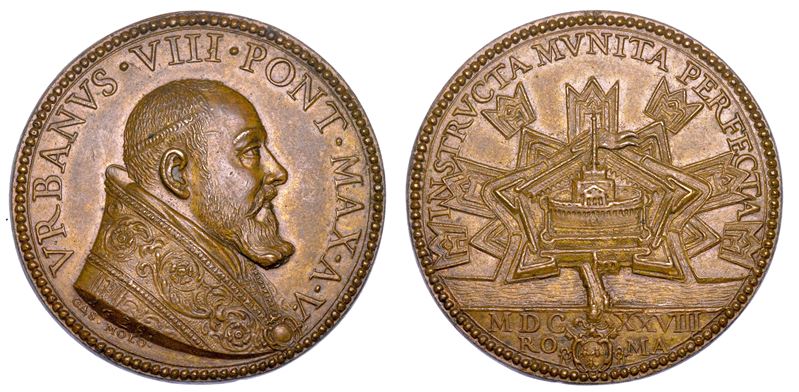 STATO PONTIFICIO. URBANO VIII (Maffeo Barberini), 1623-1644. Medaglia annuale in bronzo 1628/A. V. Le nuove Fortificazioni di Castel Sant'Angelo.  - Auction Numismatics - Medals and popes - II - Cambi Casa d'Aste