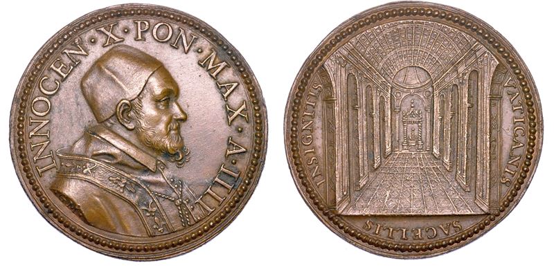 STATO PONTIFICIO. INNOCENZO X (Giovanni Battista Pamphilj), 1644-1655. Medaglia annuale in bronzo A. IIII (1648). Decorazioni della Basilica Vaticana.  - Auction Numismatics - Medals and popes - II - Cambi Casa d'Aste