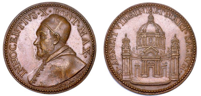 STATO PONTIFICIO. INNOCENZO X (Giovanni Battista Pamphilj), 1644-1655. Medaglia annuale (?) in bronzo A. X (1654). Riedificazione della chiesa di Sant'Agnese in Agone a Roma.  - Auction Numismatics - Medals and popes - II - Cambi Casa d'Aste