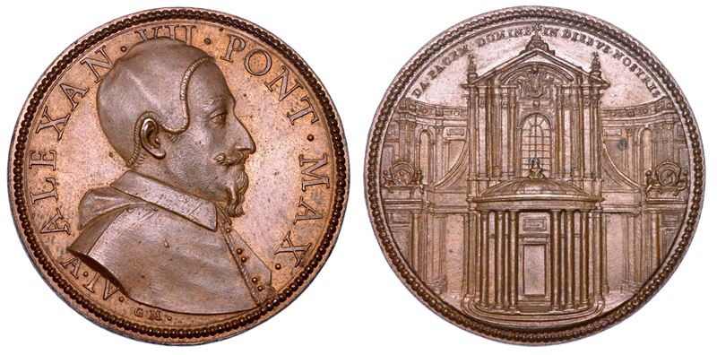 STATO PONTIFICIO. ALESSANDRO VII (Fabio Chigi), 1655-1667. Medaglia annuale in bronzo A. IV (1658). Restauro della chiesa di Santa Maria della Pace.  - Auction Numismatics - Medals and popes - II - Cambi Casa d'Aste