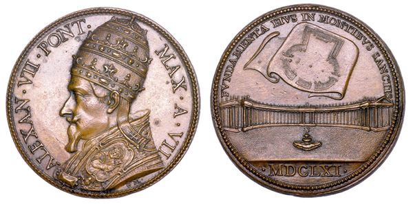 STATO PONTIFICIO. ALESSANDRO VII (Fabio Chigi), 1655-1667. Medaglia annuale in bronzo 1661/A. VII. Costruzione del colonnato di Piazza San Pietro.
