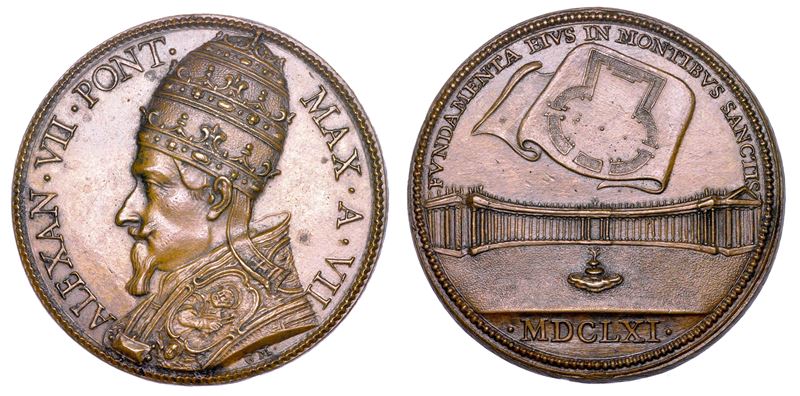 STATO PONTIFICIO. ALESSANDRO VII (Fabio Chigi), 1655-1667. Medaglia annuale in bronzo 1661/A. VII. Costruzione del colonnato di Piazza San Pietro.  - Auction Numismatics - Medals and popes - II - Cambi Casa d'Aste