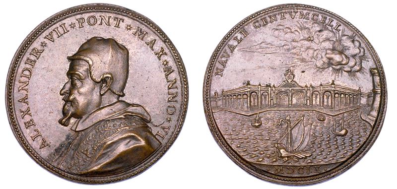 STATO PONTIFICIO. ALESSANDRO VII (Fabio Chigi), 1655-1667. Medaglia annuale in bronzo 1660/A. VI. Nuovo arsenale navale di Civitavecchia.  - Auction Numismatics - Medals and popes - II - Cambi Casa d'Aste