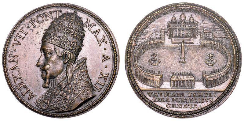 STATO PONTIFICIO. ALESSANDRO VII (Fabio Chigi), 1655-1667. Medaglia in bronzo A. XII (1666). Completamento del colonnato di Piazza San Pietro.  - Auction Numismatics - Medals and popes - II - Cambi Casa d'Aste