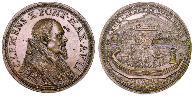 STATO PONTIFICIO. CLEMENTE X (Emilio Altieri),  1670-1676. Medaglia annuale in bronzo A. VII (1676). Fortificazioni al porto di Civitavecchia.  - Auction Numismatics - Medals and popes - II - Cambi Casa d'Aste