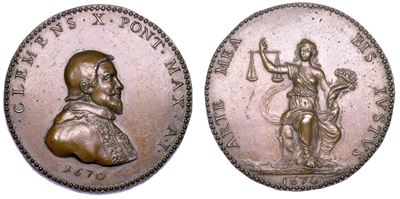 Stato Pontificio. Clemente X (emilio Altieri), 1670-1676. Medaglia in Bronzo A. I. Virtù del Pont...