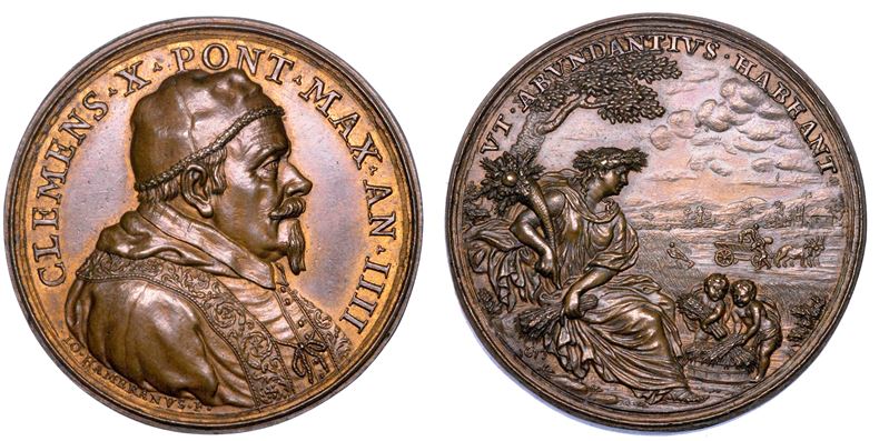 STATO PONTIFICIO. CLEMENTE X (Emilio Altieri),  1670-1676. Medaglia in bronzo 1673/A. IIII. Provvidenze del Pontefice per l'approvvigionamento del grano.  - Auction Numismatics - Medals and popes - II - Cambi Casa d'Aste