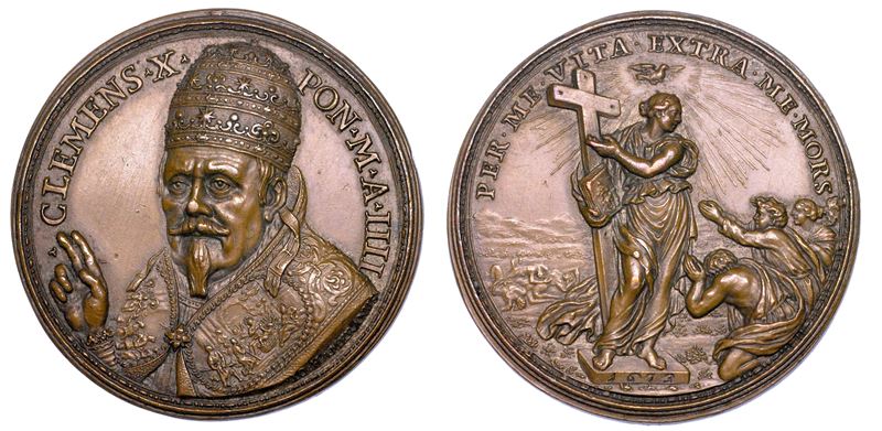 STATO PONTIFICIO. CLEMENTE X (Emilio Altieri),  1670-1676. Medaglia in bronzo 1673/ A. IIII. Supremazia della Dottrina Cattolica (fiducia e speranza in Dio).  - Auction Numismatics - Medals and popes - II - Cambi Casa d'Aste
