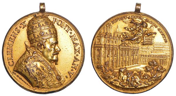STATO PONTIFICIO. CLEMENTE X (Emilio Altieri),  1670-1676. Medaglia in bronzo dorato 1674/A. V. Per l'indizione del Giubileo del 1675.