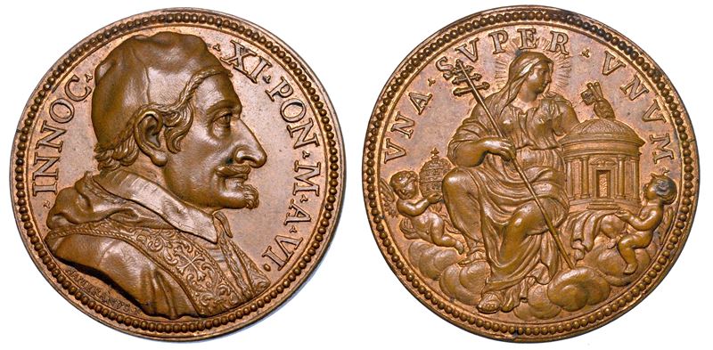STATO PONTIFICIO. INNOCENZO XI (Benedetto Odescalchi di Como), 1676-1689. Medaglia annuale in bronzo A. VI. L'Eresia Quietista.  - Auction Numismatics - Medals and popes - II - Cambi Casa d'Aste
