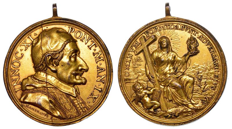 STATO PONTIFICIO. INNOCENZO XI (Benedetto Odescalchi di Como), 1676-1689. Medaglia annuale in bronzo dorato A. IX (1685). Riconquista di Santa Maura nell’isola di Leucade.  - Auction Numismatics - Medals and popes - II - Cambi Casa d'Aste