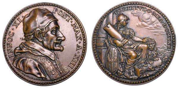 STATO PONTIFICIO. INNOCENZO XI (Benedetto Odescalchi di Como), 1676-1689. Medaglia annuale in bronzo A. XIII (1689). Invito alla perseveranza nella lotta alla Turchia.