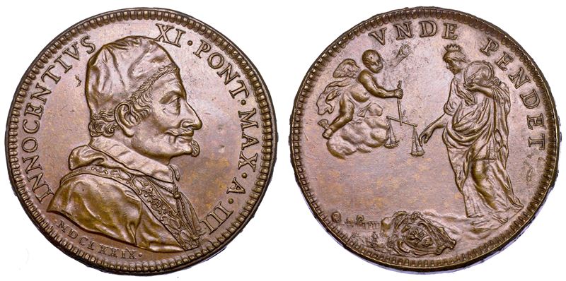 STATO PONTIFICIO. INNOCENZO XI (Benedetto Odescalchi), 1676-1689. Medaglia in bronzo 1679/A. III. Moderazione nella giustizia auspicata dal Pontefice.  - Auction Numismatics - Medals and popes - II - Cambi Casa d'Aste