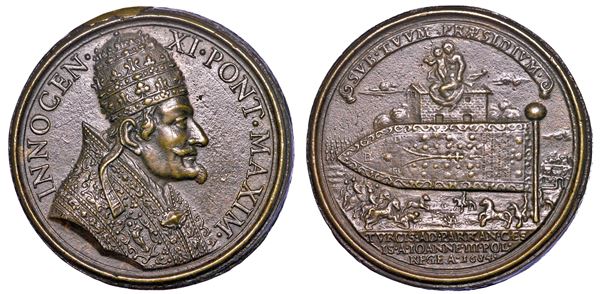 STATO PONTIFICIO. INNOCENZO XI (Benedetto Odescalchi), 1676-1689. Medaglia in bronzo 1684 (A. VII). La bandiera turca donata alla Santa Casa di Loreto.