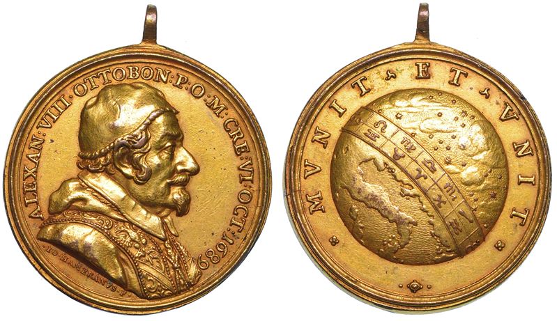 STATO PONTIFICIO. ALESSANDRO VIII (Pietro Ottoboni), 1689-1691. Medaglia in bronzo dorato 1689 (A. I). Elezione al pontificato.  - Auction Numismatics - Medals and popes - II - Cambi Casa d'Aste