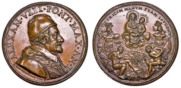 STATO PONTIFICIO. ALESSANDRO VIII (Pietro Ottoboni), 1689-1691. Medaglia in bronzo A. I (1690). Vittorie del 1690 dei veneziani sui turchi e liberazione della Morea.