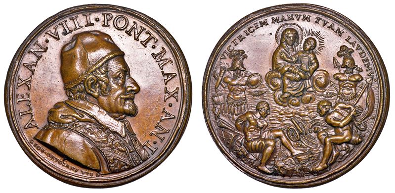 STATO PONTIFICIO. ALESSANDRO VIII (Pietro Ottoboni), 1689-1691. Medaglia in bronzo A. I (1690). Vittorie del 1690 dei veneziani sui turchi e liberazione della Morea.  - Auction Numismatics - Medals and popes - II - Cambi Casa d'Aste