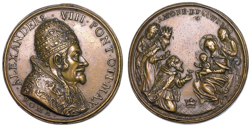 STATO PONTIFICIO. ALESSANDRO VIII (Pietro Ottoboni), 1689-1691. Medaglia in bronzo s.d. Adorazione dei Re Magi.  - Auction Numismatics - Medals and popes - II - Cambi Casa d'Aste