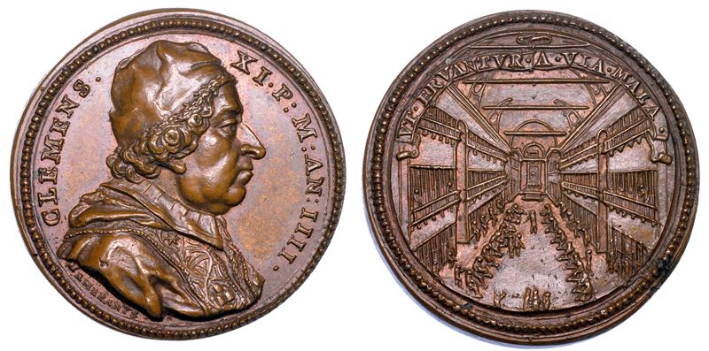 STATO PONTIFICIO. CLEMENTE XI (Giovanni Francesco Albani), 1700-1721. Medaglia in bronzo A. IIII (1704). L’Istituto per i corrigendi.  - Auction Numismatics - Medals and popes - II - Cambi Casa d'Aste
