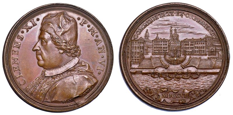 STATO PONTIFICIO. CLEMENTE XI (Giovanni Francesco Albani), 1700-1721. Medaglia annuale in bronzo 1706/A. VI. Costruzione del Porto di Ripetta.  - Auction Numismatics - Medals and popes - II - Cambi Casa d'Aste