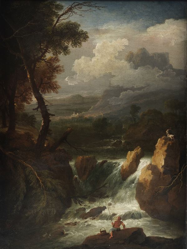 Paesaggio fluviale con pescatore