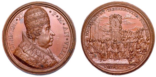 STATO PONTIFICIO. CLEMENTE XI (Giovanni Francesco Albani), 1700-1721. Medaglia annuale in bronzo 1709/A. VIIII. Processione per la pace.