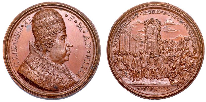 STATO PONTIFICIO. CLEMENTE XI (Giovanni Francesco Albani), 1700-1721. Medaglia annuale in bronzo 1709/A. VIIII. Processione per la pace.  - Asta Numismatica - Medals and Popes - II - Cambi Casa d'Aste