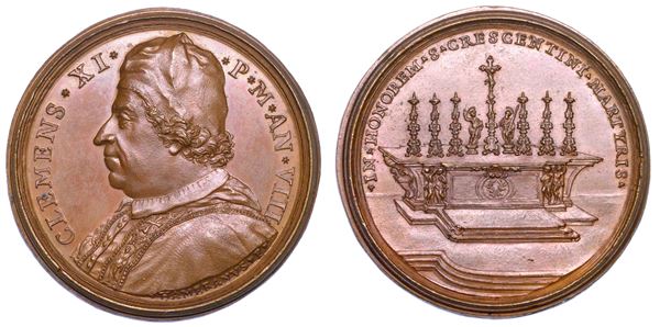 STATO PONTIFICIO. CLEMENTE XI (Giovanni Francesco Albani), 1700-1721. Medaglia annuale in bronzo A. VIII (1708). Altare di San Crescentino.
