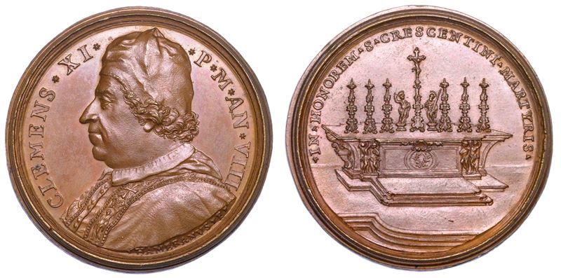 STATO PONTIFICIO. CLEMENTE XI (Giovanni Francesco Albani), 1700-1721. Medaglia annuale in bronzo A. VIII (1708). Altare di San Crescentino.  - Auction Numismatics - Medals and popes - II - Cambi Casa d'Aste