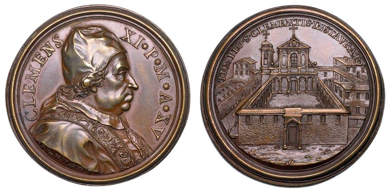 STATO PONTIFICIO. CLEMENTE XI (Giovanni Francesco Albani), 1700-1721. Medaglia annuale in bronzo 1715/A. XV. Restauro alla Chiesa di S. Clemente.  - Auction Numismatics - Medals and popes - II - Cambi Casa d'Aste