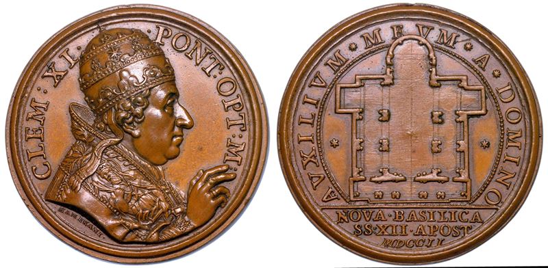 STATO PONTIFICIO. CLEMENTE XI (Giovanni Francesco Albani), 1700-1721. Medaglia in bronzo 1702 (A. II). Riedificazione della basilica dei Santi dodici Apostoli.  - Auction Numismatics - Medals and popes - II - Cambi Casa d'Aste