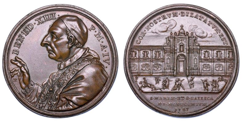 STATO PONTIFICIO. BENEDETTO XIII (Pier Francesco Vincenzo Maria Orsini), 1724-1730. Medaglia annuale in bronzo 1727/A. IV. Completamento dell'ospedale e consacrazione della chiesa di S. Maria e S. Gallicano.  - Auction Numismatics - Medals and popes - II - Cambi Casa d'Aste